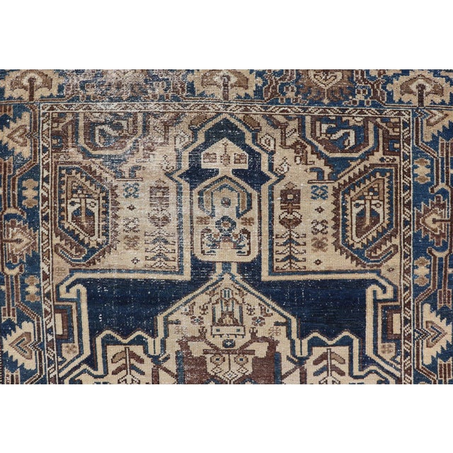 Persian Antique Hamadan Rug in Blue With a Medallion and Geometric Design 4'4 X 6'9 For Sale - Image 4 of 6