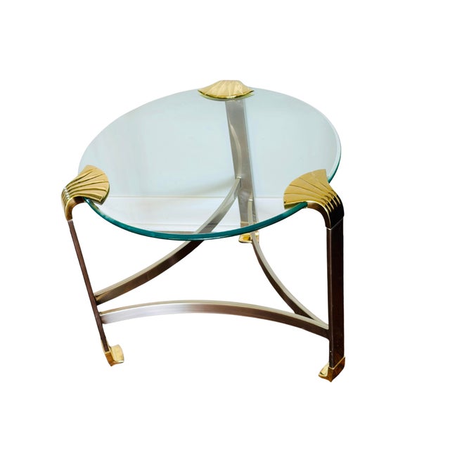 Vintage Hollywood Regency Chrome & Brass Glass-Top Side Table | Sculptural Tri-Leg Base | Art Deco Revival Accent Table For Sale - Image 6 of 10