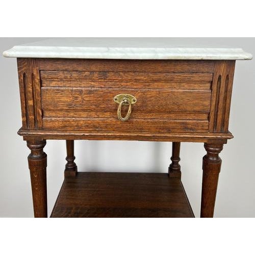 French Bedside Tables in Carved Oak with Marble Top, Set of 2 For Sale - Image 5 of 16