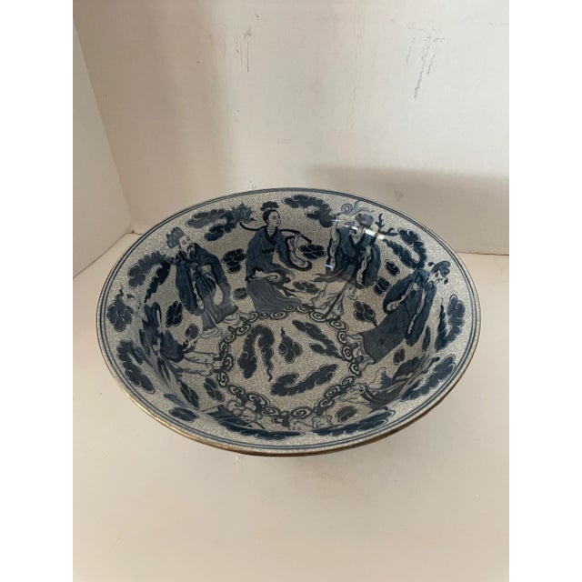 Antique Chinese Eight Immortals Blue & White Crackled Glass Ceramic Bowl, Marked For Sale In Phoenix - Image 6 of 10