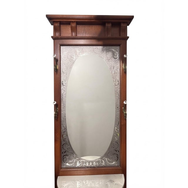 Vintage Victorian-Style Wood Hall Tree With Etched Mirror & Marble Shelf For Sale - Image 4 of 9