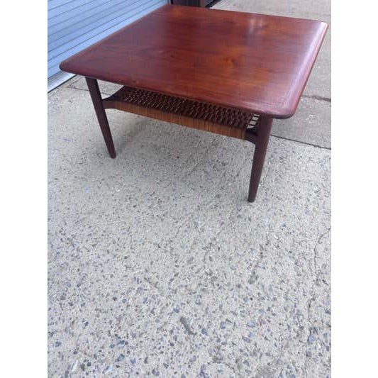 Mid-Century Modern Mid 20th Century Gunnar Schwartz Teak Square Coffee Table with cane shelf For Sale - Image 3 of 9