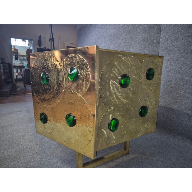 Brass & Black Glass Credenza With 24 Green Jewels Made in Italy For Sale - Image 6 of 7