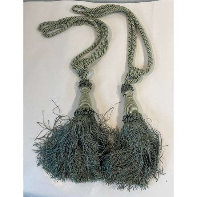 English Vintage Pair of Light Green Tassel Tiebacks For Sale - Image 3 of 4
