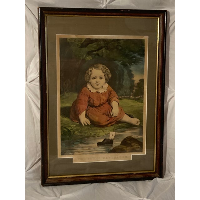 Paper American Americana Currier & Ives Print, Titled the Young Navigator 1858. It Is an Original Hand-Colored Lithograph. For Sale - Image 7 of 10