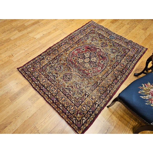 Persian 19th Century Persian Kerman Lavar Rug, Hand-Knotted Wool & Silk, Floral Pattern, Gold & Red, 4x6 For Sale - Image 3 of 16