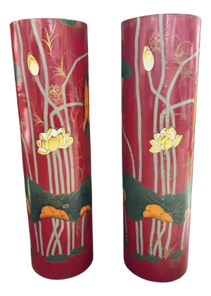 Vintage Painted Red Chinoiserie Pedestals , a Pair