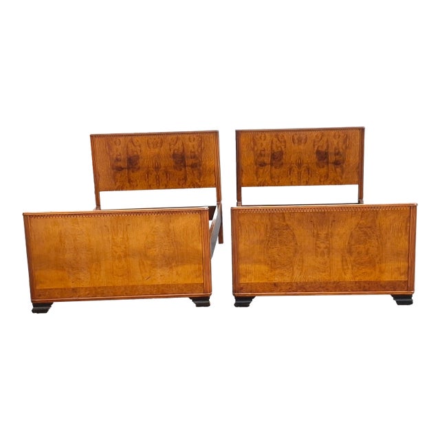 Pair Randolph Furniture Arts Deco Acacia and Burl Single Beds, Refinished Circa 1900s For Sale