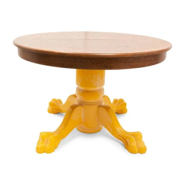 Stickley Style Yellow Painted Quarter-Sawn Oak Round Dining Table with unique painted claw feet, Late 19th/Early 20th...