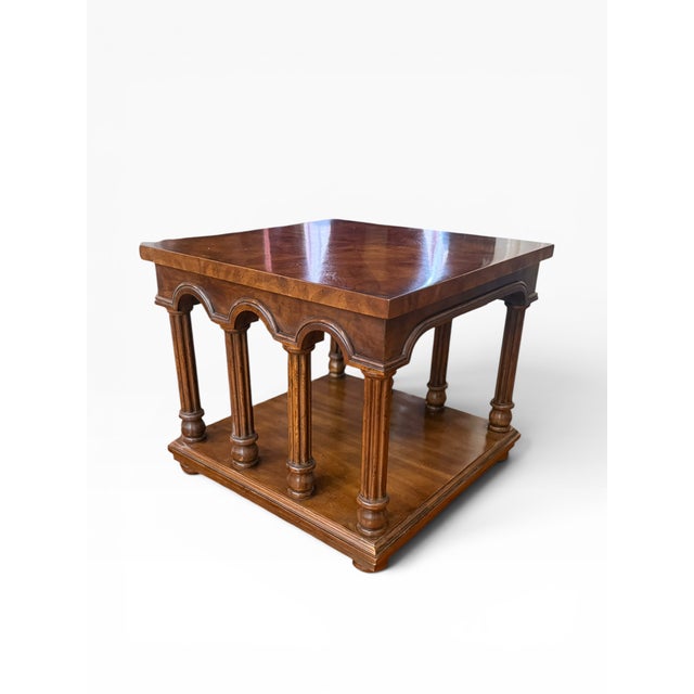 Drexel Heritage Pair of Drexel Classic Court Burl Walnut Arcaded End Tables With Glass Tops, 1975 For Sale - Image 4 of 13