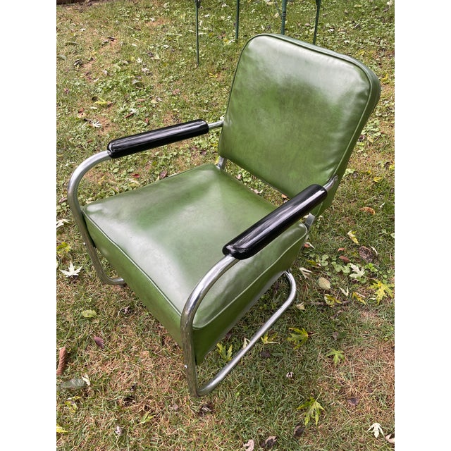 1930s 1930s Namco Art Deco Industrial Green Vinyl & Chrome Lounge Chair For Sale - Image 5 of 11