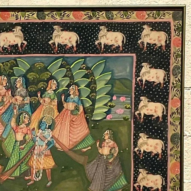 Vintage Indian Pichwai Folk Art Painting on Silk For Sale - Image 9 of 14