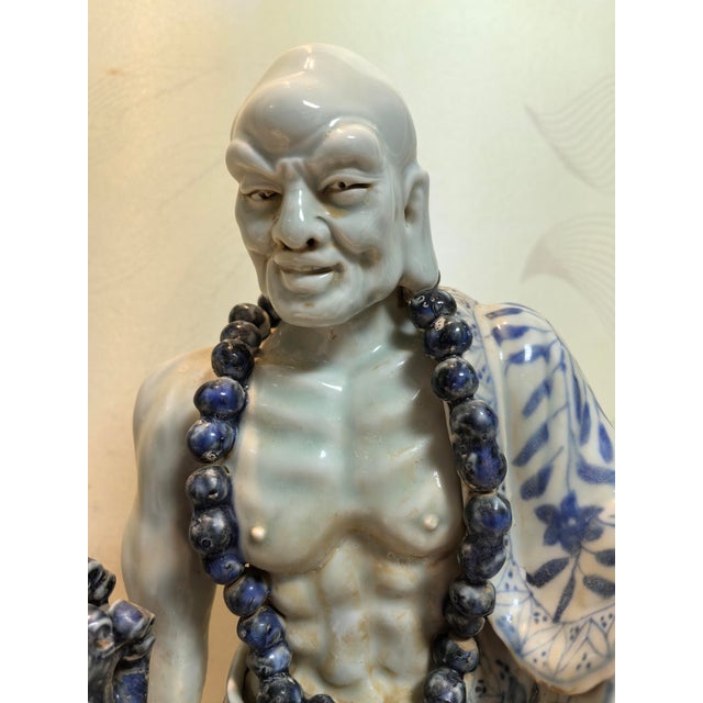 Ceramic Chinese Vintage Ceramic Buddhist Sculpture,Hand Carved Blue and White Porcelain the Eighteen Arhats Statue For Sale - Image 7 of 9