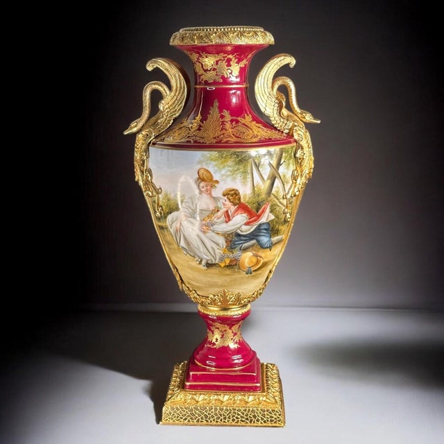 Vintage French Rococo Style Hand-Painted Porcelain Vase with Swan Handles and Gilded Details from Retier, 1920s For Sale - Image 11 of 11