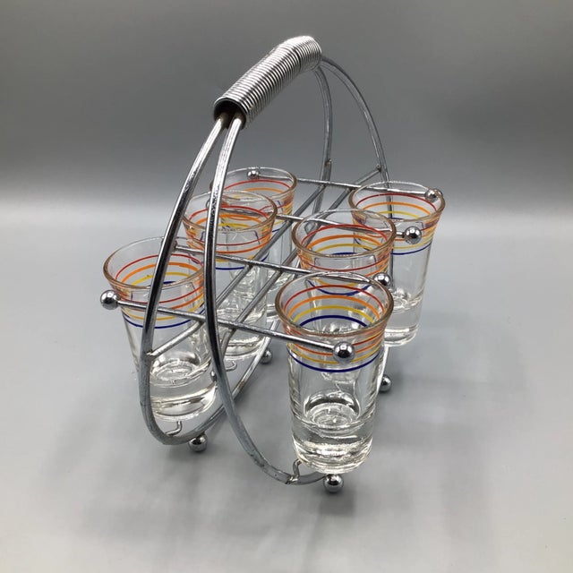 Anchor Hocking 7 Striped Shot Glasses in Chrome Plated Caddy - Set of 8 For Sale - Image 4 of 13