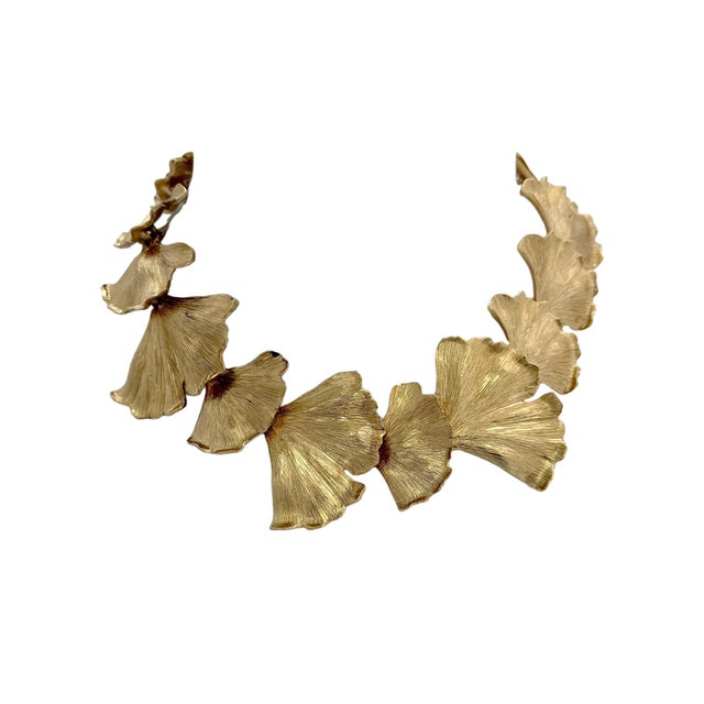Oscar de la Renta Oscar De La Renta 22k Gold-Plated Pewter & Brass Ginkgo Leaf Statement Necklace For Sale - Image 4 of 13