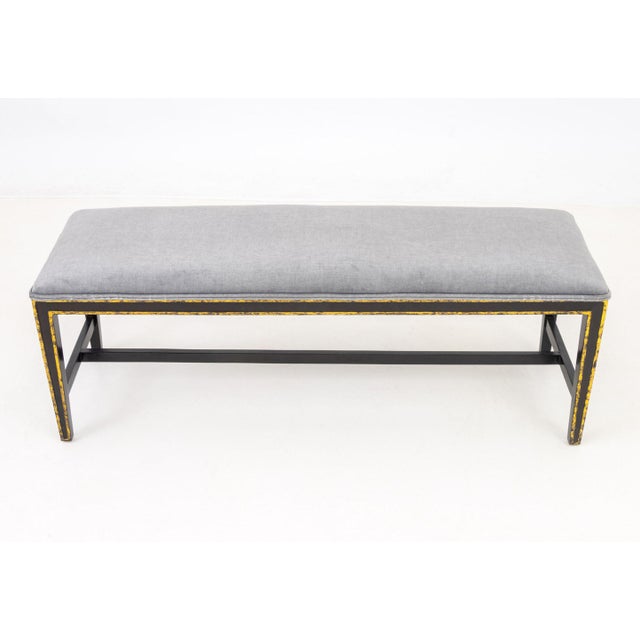Modern Blue Gray Velvet Upholstered Ebonized Bench For Sale In New York - Image 6 of 7