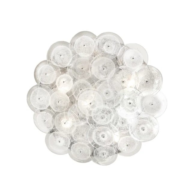 Venfield - Hand-crafted Murano pulegoso clear glass disc flush mount fixture with polished nickel body. Made in Italy....