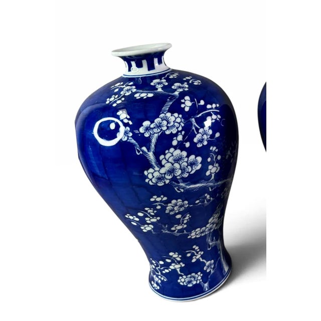 Early 20th Century Pair Early 20th Century Chinese Cobalt Meiping Vases With Prunus Decoration For Sale - Image 5 of 8