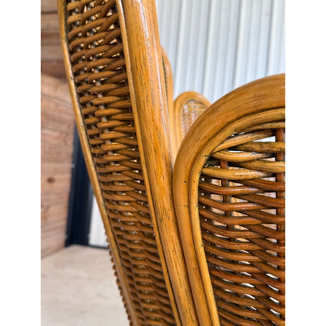 1980s Vintage Sculptural Rattan Fan Back Palm Frond Lounge Chair For Sale - Image 5 of 12
