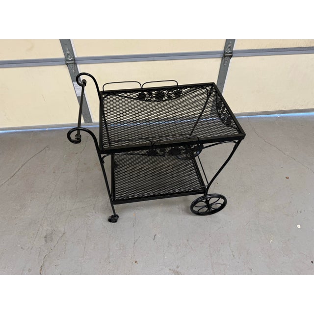 Vintage Mid Century Modern Salterini Style Outdoor Iron Bar Cart on Wheels For Sale - Image 4 of 12