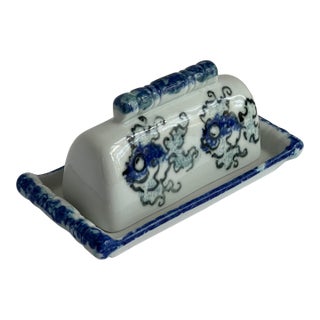 Vintage Nc Pottery Butter Dish Blue and White With Fish Decor For Sale