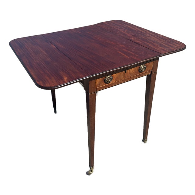 Antique Federal Sheraton Mahogany Drop Leaf Pembroke Table Inlay Brass Casters For Sale
