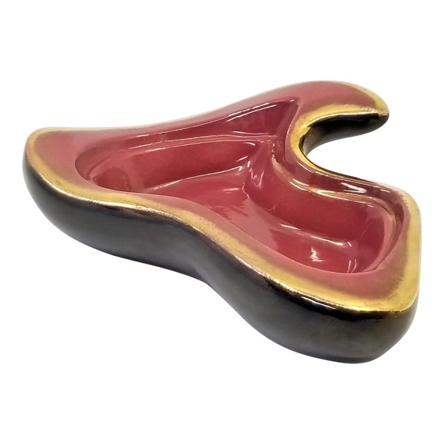 Vintage Raspberry Pink Gold and Black California Pottery Ceramic Boomerang Bowl For Sale