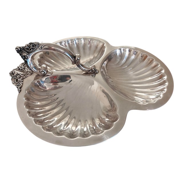 Vintage Wallace Baroque Silverplate Three-Part Shell Relish Dish With Ornate Handle For Sale