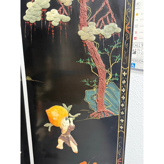 Chinese Black Lacquer Four-Panel Folding Screen + Soapstone Inlay, Vintage For Sale - Image 9 of 12