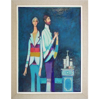 David Adickes "Two Friends Against Blue" Abstract Monotone Figurative Portrait Painting, 1990 For Sale