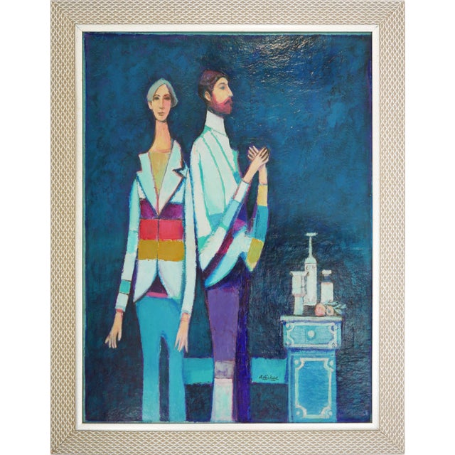 David Adickes "Two Friends Against Blue" Abstract Monotone Figurative Portrait Painting, 1990 For Sale