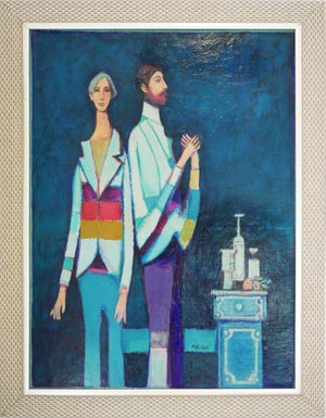 David Adickes "Two Friends Against Blue" Abstract Monotone Figurative Portrait Painting, 1990