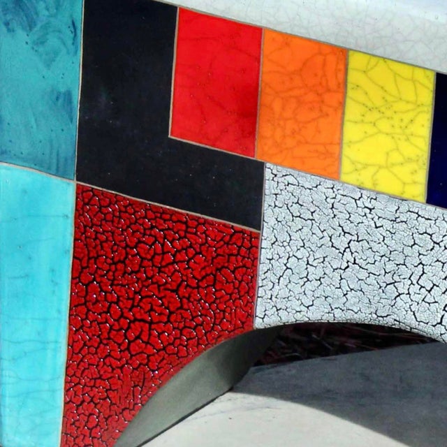 Orange "Time Alone" by Michael Gustavson, Raku Ceramic Functional Bench Sculpture, Navy Teal Red & Orange Glaze, Contemporary California Art, Vibrant Colors For Sale - Image 8 of 9