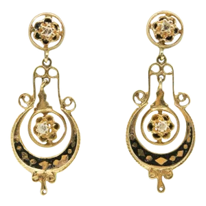 Antique Victorian Diamond and Black Enamel Drop Dangle Yellow Gold Earrings - 2 Pieces