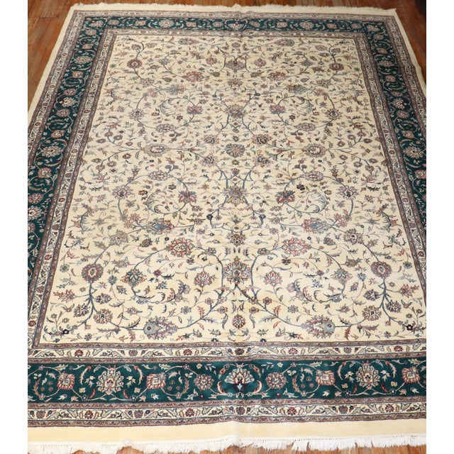 Vintage Zabihi Collection Large Ivory Green Indian Room Rug For Sale - Image 10 of 11