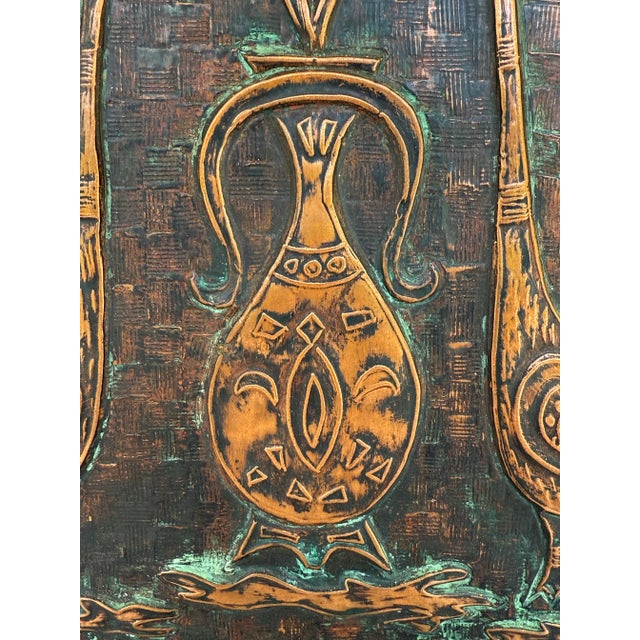 Vintage Mid Century Greek Copper Relief Decorative Panel Artwork by E. Philippakis – Embossed Panel on Wood With Birds and Plant Design For Sale - Image 4 of 11