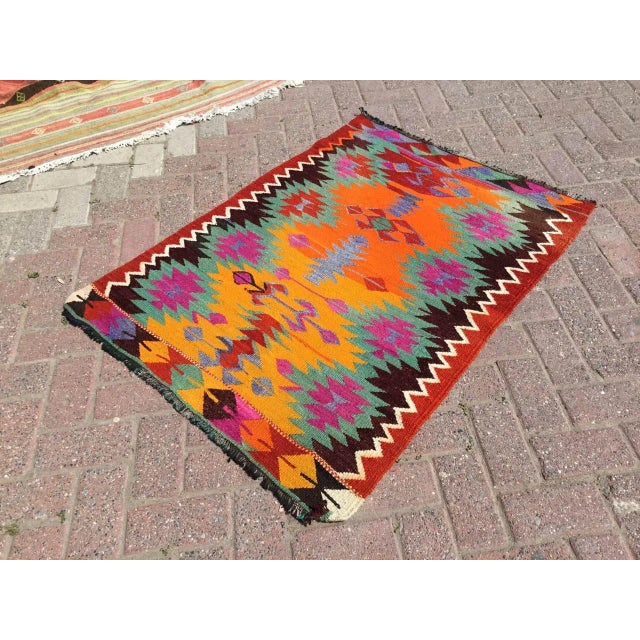 Pop Art Small Colorful Handmade Turkish Kilim Rug - 35" X 48.5" For Sale - Image 3 of 8