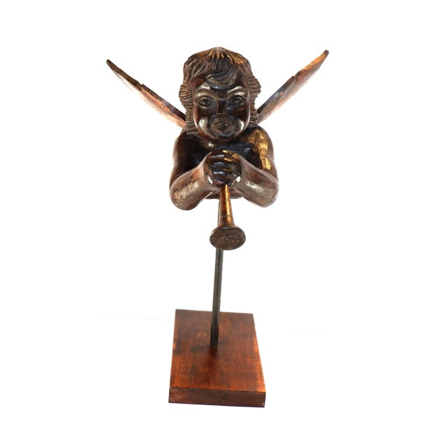 1930s Antique Large Wood Carved Angel W/Trumpet Paper Mache Mold For Sale - Image 5 of 13