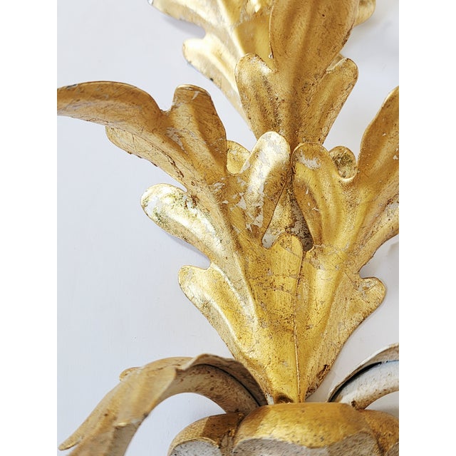 Vintage Italian Giltwood & Tole Pineapple Candle Wall Sconces For Sale - Image 11 of 12