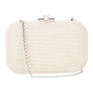 2020s Judith Leiber Slide Lock Crystal Pearl Ivory White Shoulder Clutch Evening handBag Minaudière For Sale