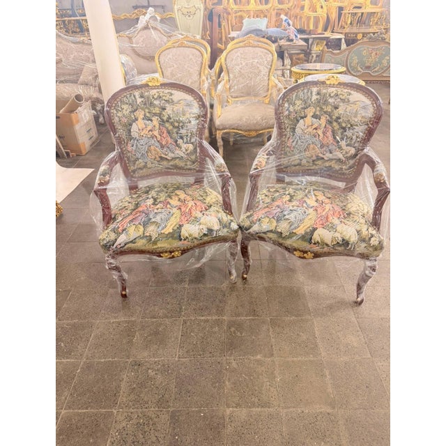 Wood Early 19th Century Mahogany Fauteuil Romeo & Juliet Tapestry Armchairs For Sale - Image 7 of 8