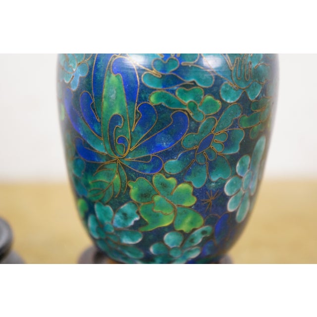 3 Chinese Brass Cloisonne Blue Enameled Floral Bud Vases & Ashtray For Sale - Image 11 of 14