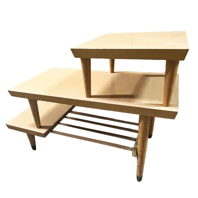 Wood 1950s Mid-Century Modern Wood Laminate and Brass Three-Tier Side Lamp Table For Sale - Image 7 of 8