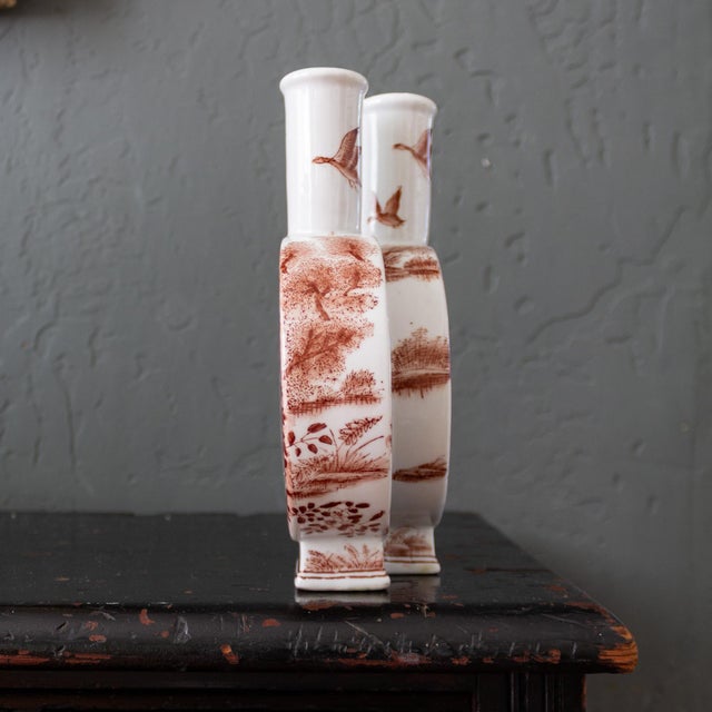 Late 19th Century Porcelain Double Moon Flask Vase With Red Hand Painted Country Scene For Sale - Image 5 of 18