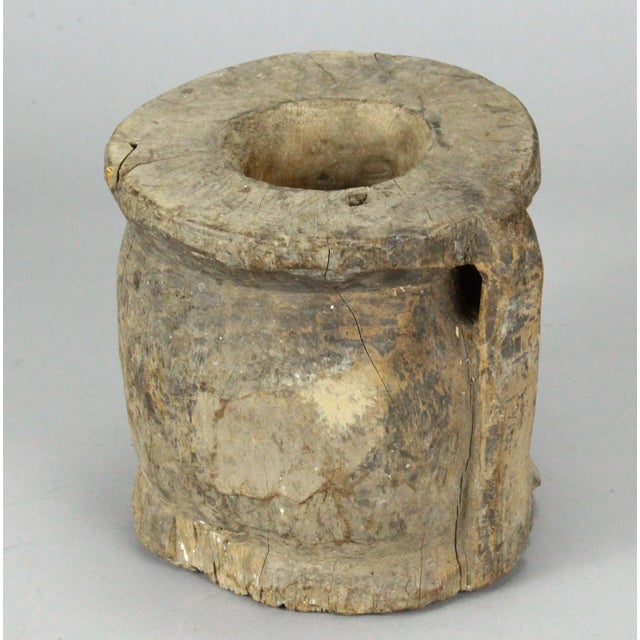 Antique Primitive Carved Wood Mortar With Handle For Sale - Image 4 of 9