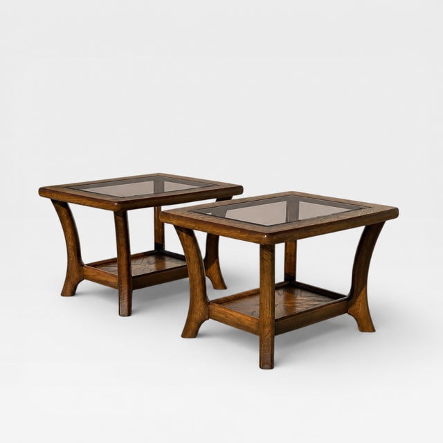 Pair of Late Mid-Century Oak Side Tables With Smoked Glass Tops, Mid-Century Modern, 1970s For Sale - Image 14 of 18