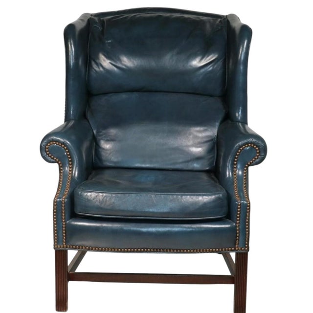American Leather Experience Unparalleled Relaxation With a Vintage Two-Piece Classic Leather Wingback Chair & Ottoman For Sale - Image 4 of 7