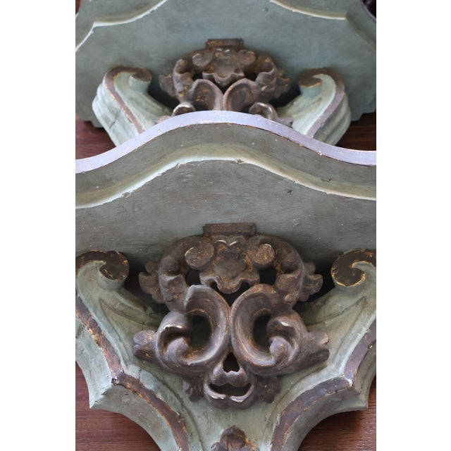 Large Vintage Italian-Style Gilded Celadon Rococo Wall Brackets—A Pair For Sale - Image 17 of 18