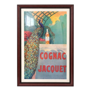 Vintage “Cognac Jacquet” Advertising Poster — French Art Deco Style Framed Wall Art (Peacock Motif) For Sale
